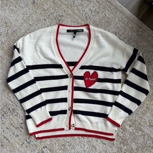 Aqua Black and White Striped Cardigan with Red Heart
